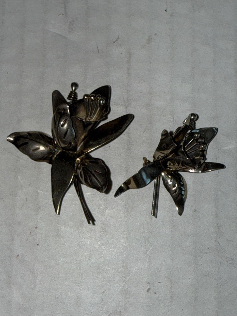 Vintage Taxco, Mexico Silver Orchid Brooch Set